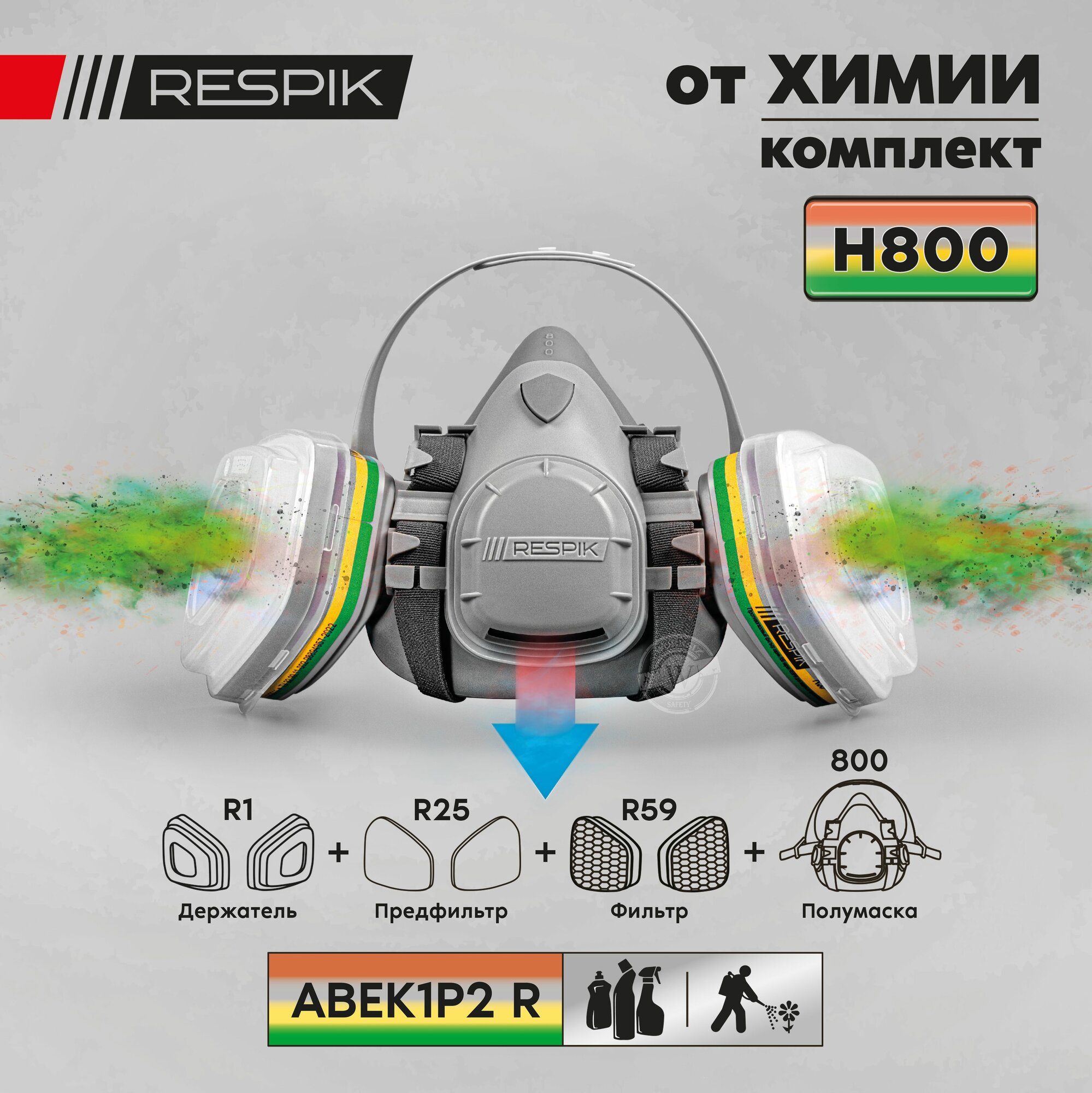 Комплект для дезинфекции и дезинсекции RESPIK® H803 (полумаска / респиратор RESPIK® 803, фильтры R59, предфильтры R25, держатели предфильтра R1) / большой размер L