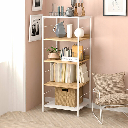 Стеллаж, этажерка, пенал, шкаф для книг металлический, деревянный напольный в скандинавском стиле SKANDIWOOD Chicago 60x32x145 см, коричневый/белый