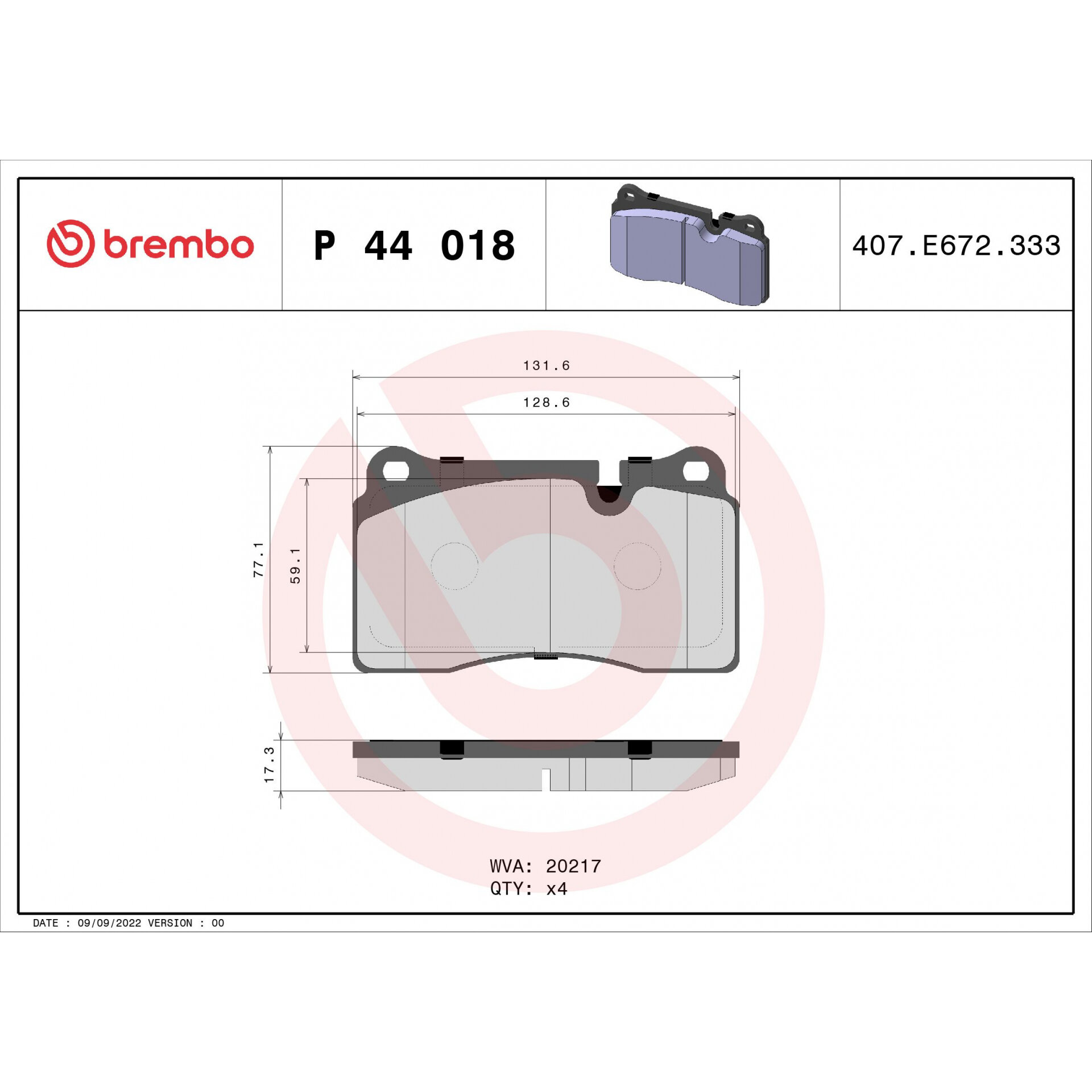 Комплект тормозных колодок, дисковый тормоз, BREMBO P 44 018 (1 шт.)