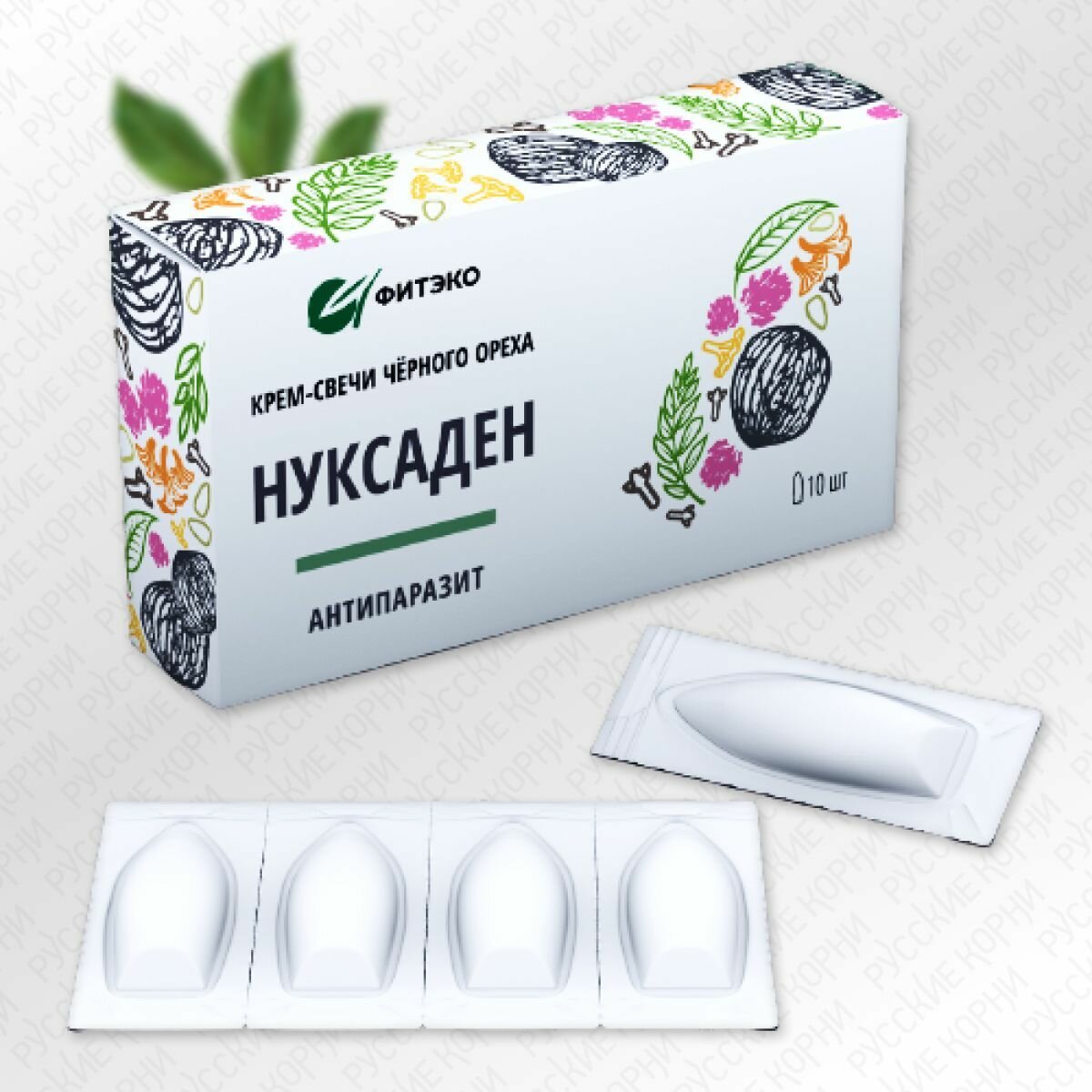 Картинки Крем-свечи на Черном Орехе "Нуксаден Антипаразит с Лисичкой", 10 шт - "Фитэко" / Фитосвечи
