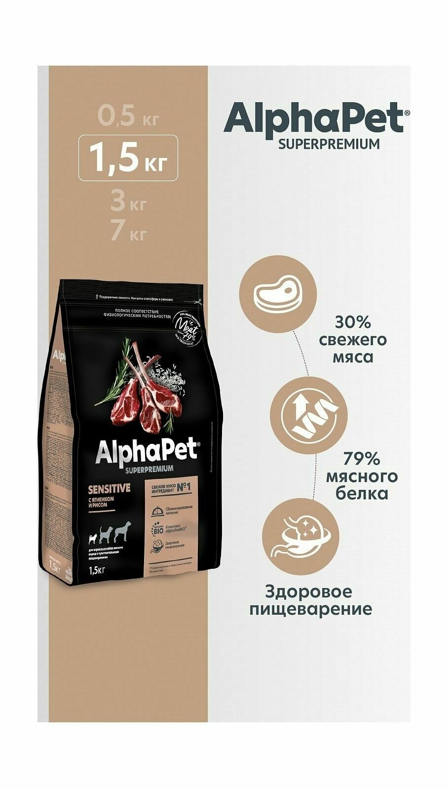 AlphaPet Superpremium - Сухой корм для собак мелких пород с чувствительным пищеварением, с Ягненком и Рисом (1,5 кг)