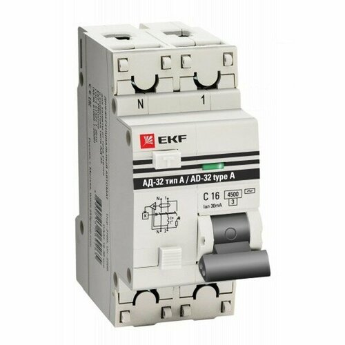 Дифавтомат EKF PROxima 1PN 16А C 45 кА 30 мА A DA32-16-30-a-pro 5537₽