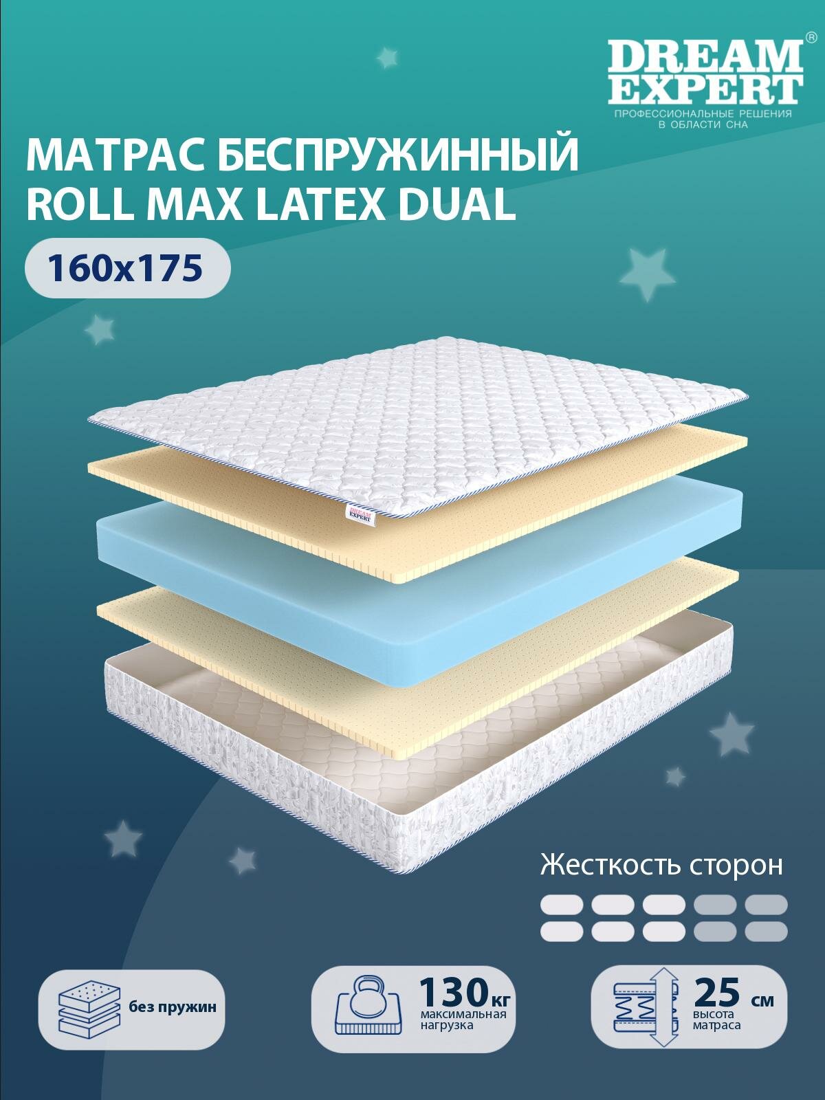 Матрас DreamExpert Roll Max Latex Dual средней жесткости, двуспальный, чехол хлопковый жаккард, беспружинный, на кровать 160x175