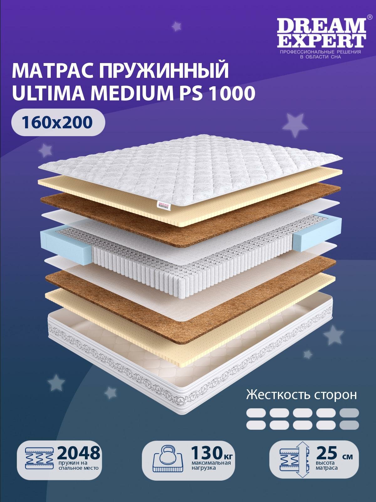 Матрас DreamExpert Ultima Medium PS1000 выше средней жесткости, двуспальный, независимый пружинный блок, на кровать 160x200