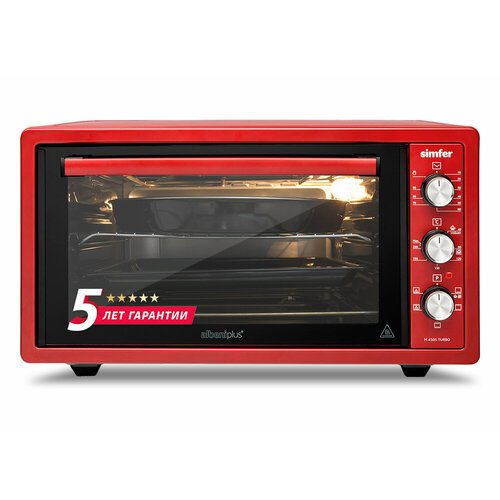 Мини-печь Simfer 5 режимов конвекция 45 литров 2 противня хромированная решетка подсветка эмалированная внутренняя поверхность 5 лет гарантии красный 1662800₽