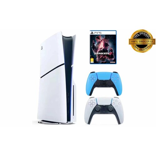 Игровая приставка Sony PlayStation 5 Slim с дисководом 1 ТБ два геймпада белый и голубой Tekken 8 8600000₽