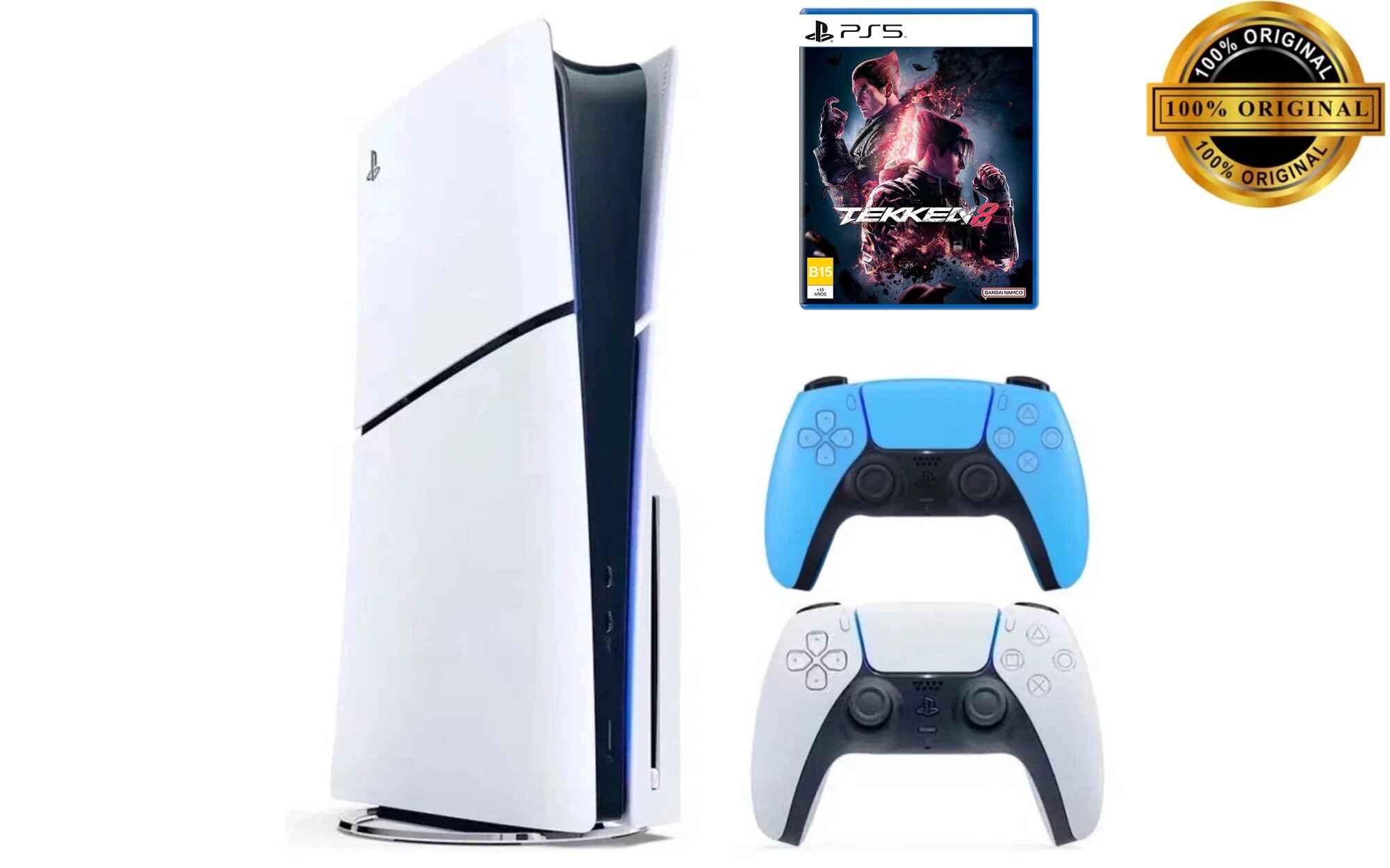Игровая приставка Sony PlayStation 5 Slim, с дисководом, 1 ТБ, два геймпада (белый и голубой), Tekken 8