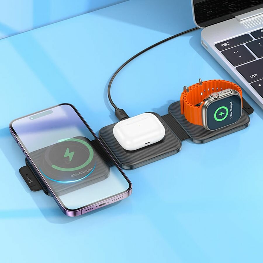 Беспроводное зарядное устройство Hoco CQ4 3-в-1 MagSafe для iPhone, AirPods и iWatch черное — фото 1