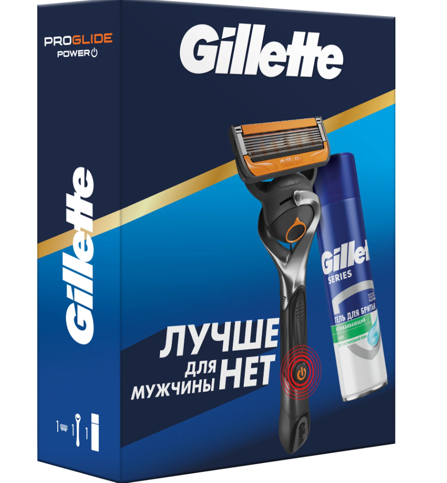 Набор Gillette многоразовый бритвенный станок ProGlide Power со сменной кассетой, гель для бритья успокаивающий Series, разноцветный