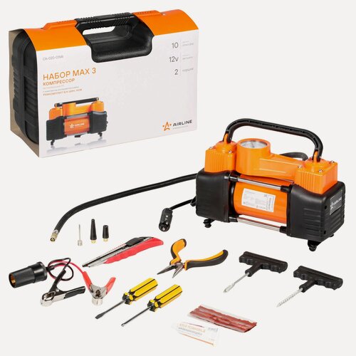 Изображение товара Компрессор автомобильный двухпоршневой (2 отвертки, ремкомплект б/к шин, нож, плоcкогубцы), X5 Airline CA02001NR