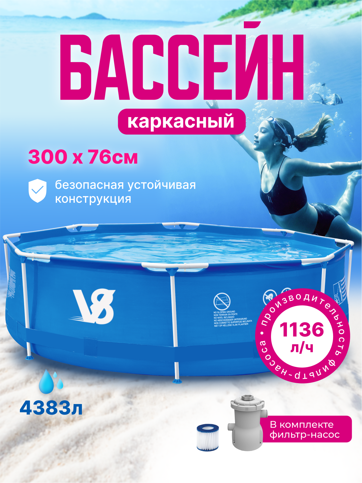 фото Бассейн каркасный "Фильтр+подложка+тент+дозатор"