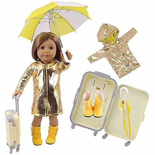 Чемодан-дождевик для куклы Uteruik для куклы American Girl ростом 46 см - блестящий плащ, дорожная сумка, зонтик, наряды для ботинок, аксессуары для костюма, 4 шт./набор (#A)