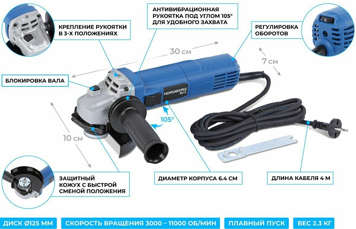 Угловая шлифмашина с регулировкой оборотов, 125 мм, 1400 Вт NORDBERG NE214