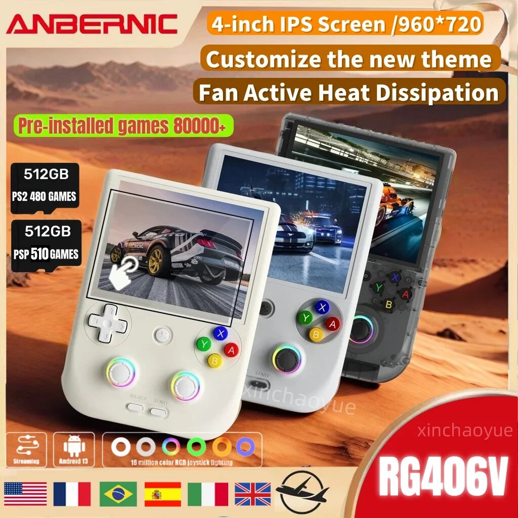 Консоль игровая ANBERNIC RG406V, 4 дюйма, Android 13, Bluetooth, WIFI, 8 + 128 ГГц, 512 ГГц, Black with bag, 512G 80000 Games — фото 1