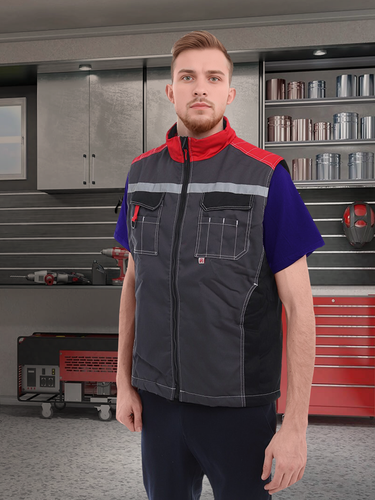 Изображение товара Жилет утепленный "Формула" СОП тёмно-серый с красной и чёрной отделкой. Размер:88-92. Рост:170-188