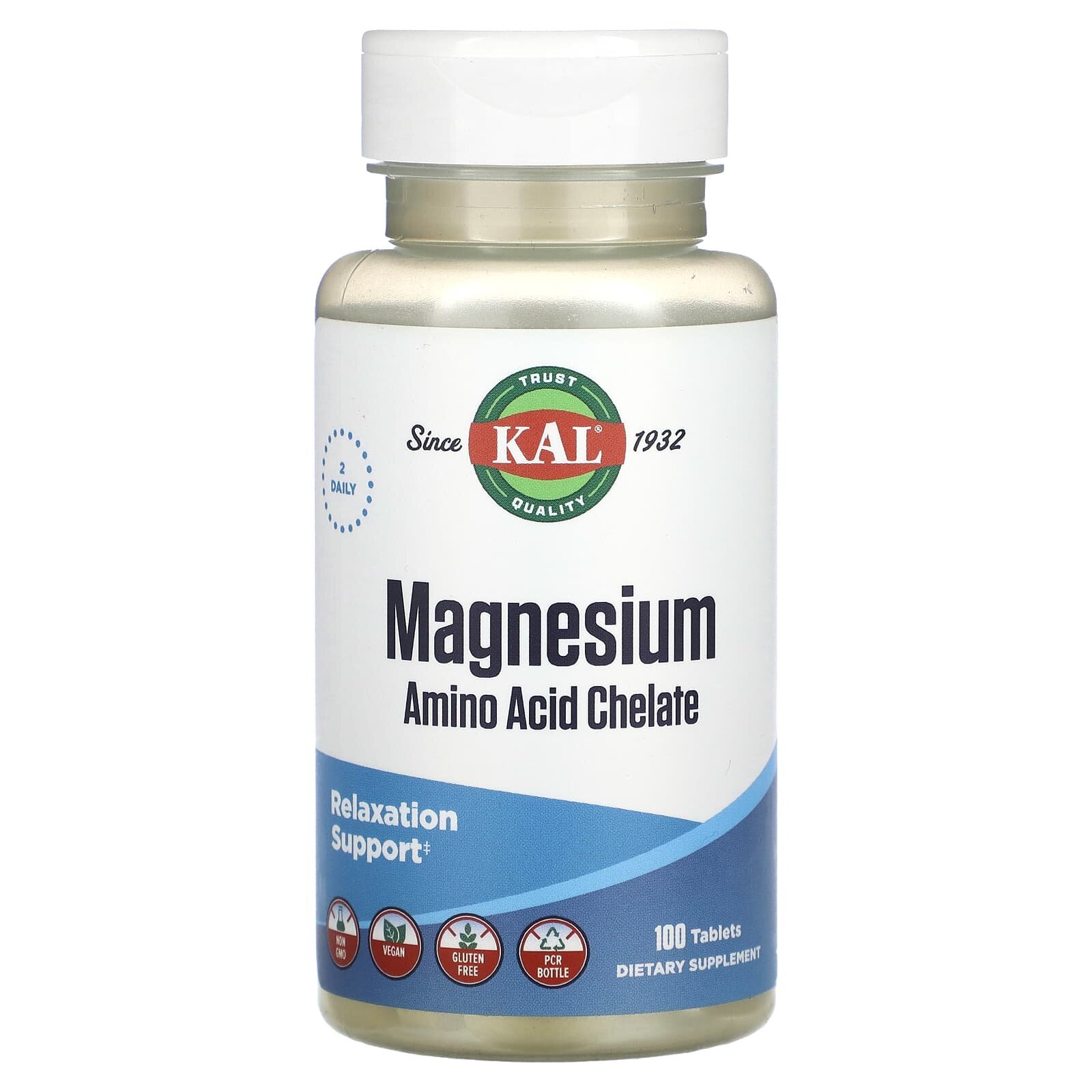 Магний хелат, KAL Magnesium Chelated, 220 мг, 100 таблеток, для поддержки мышц и нервов