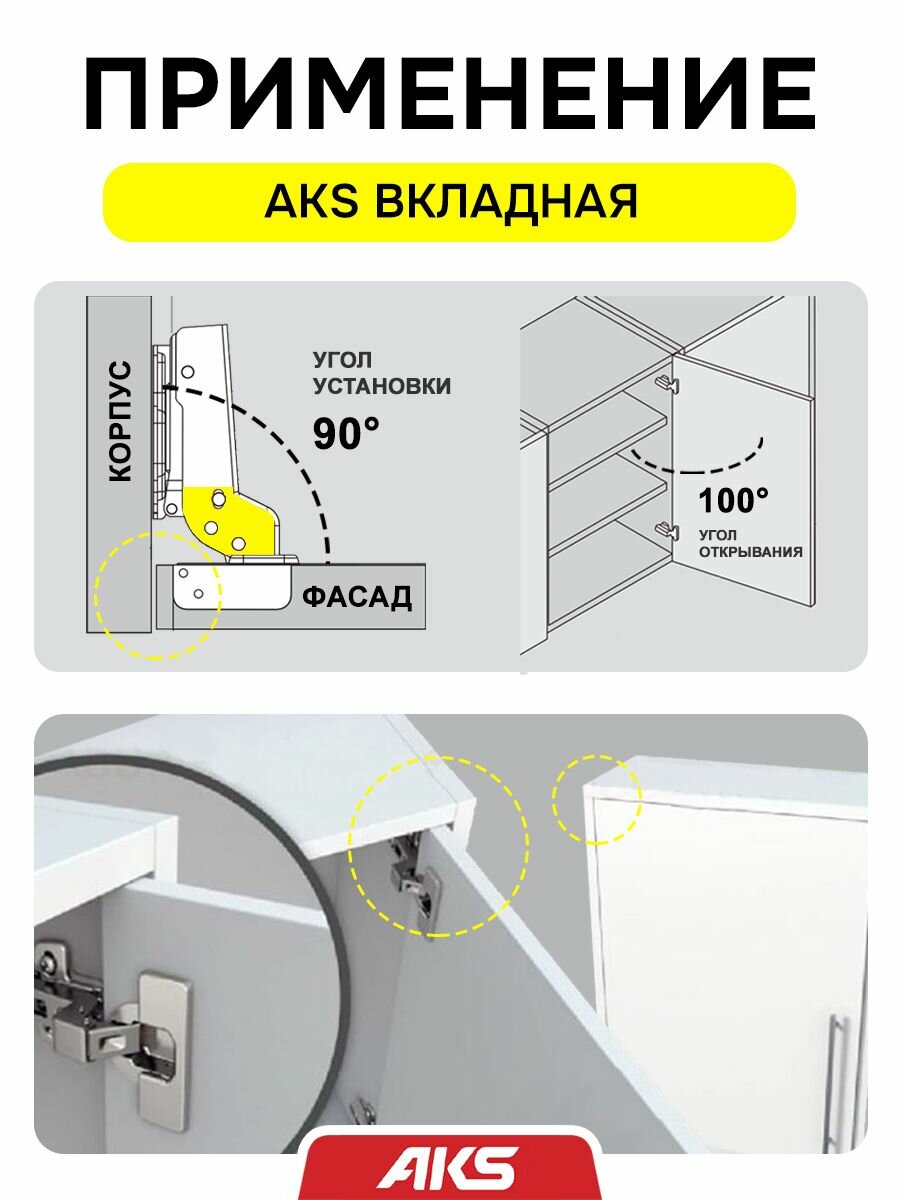 Петли вкладные (внутренние) мебельные с доводчиком clip-on AKS для шкафа — фото 1
