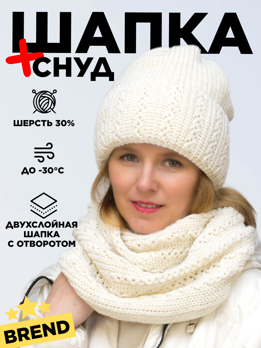 Комплект с головным убором LanaCaps Ажур для женщин, 1 предмета, размер 56-58, молочный