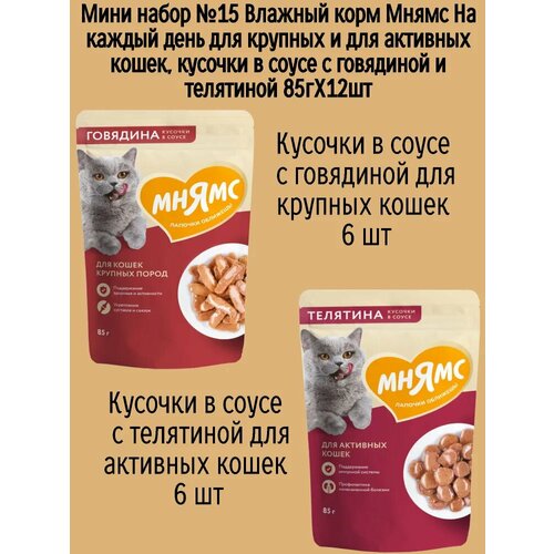 Мини набор №15 Влажный корм Мнямс для взрослых кошек, кусочки в соусе с говядиной и телятиной, 12 шт х 85 гр