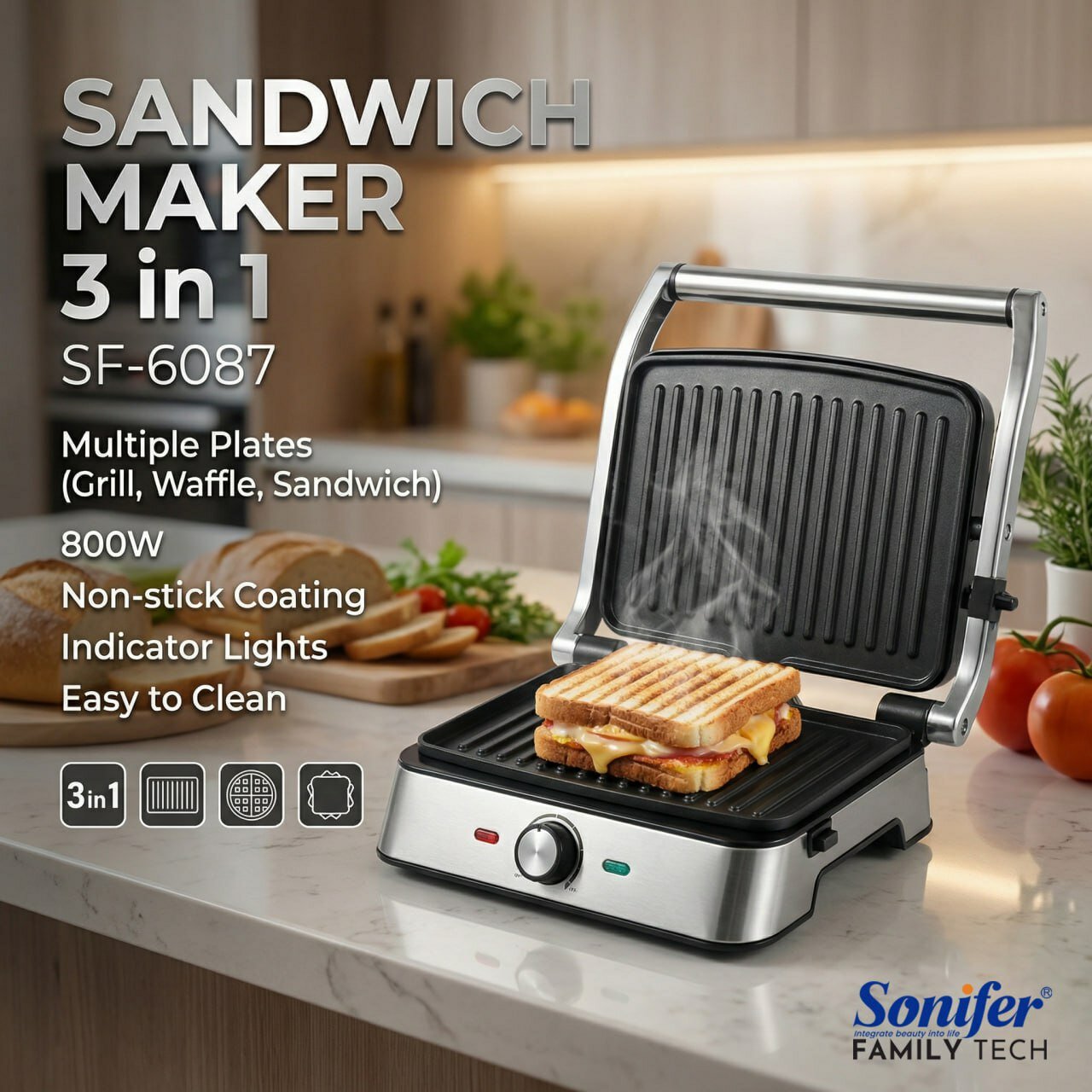 Электрогриль SONIFER SF-6087, 3в1, антипригарное покрытие, мощность 1200Вт