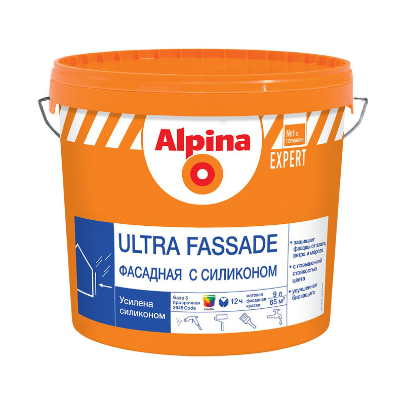 фото Краска фасадная ALPINA EXPERT ULTRA FASSADE матовая, база 3, бесцветная 9.4 л