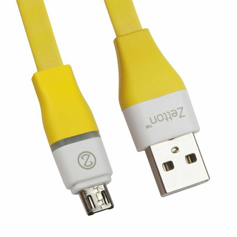 фото USB кабель для мобильных устройств Zetton Flat для зарядки/передачи данных, MicroUSB, 2.4А, LED, 1м, плоский, желтый