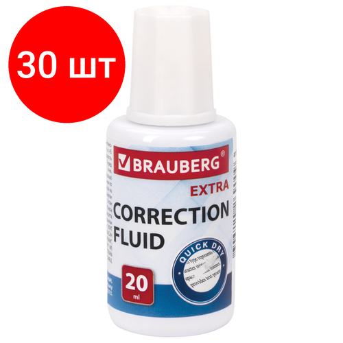 Комплект 30 шт, Корректирующая жидкость BRAUBERG EXTRA быстросохнущая, 20 мл, с кисточкой, 229397 ортомол бьюти жидкость 20 мл фл 30