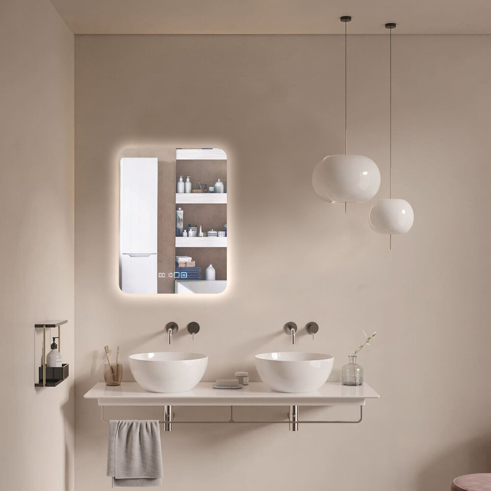 Зеркало для ванной Prisma 120*80 прямоугольное вертикальное c часами и подогревом