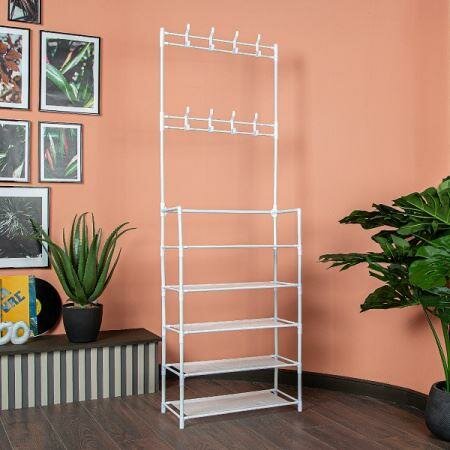 Вешалка напольная для одежды рейл HELEX Home W-10, металлическая обувница, стеллаж с полками крючками в коридор прихожую
