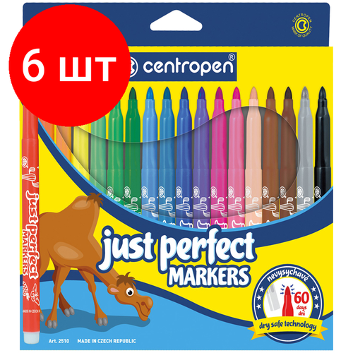 Комплект 6 шт, Фломастеры Centropen Just Perfect, 18цв, трехгранные, смываемые, устойч. к высыханию, картон, европодвес