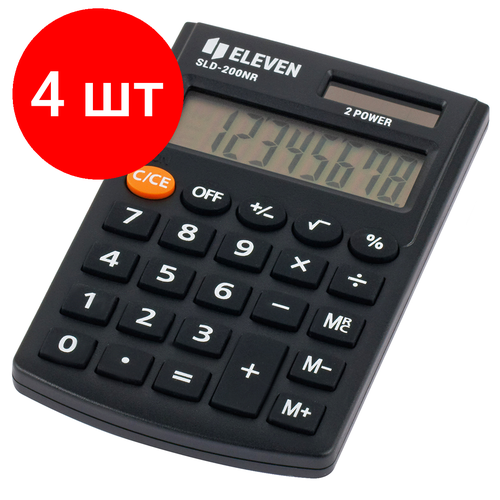 Комплект 4 шт, Калькулятор карманный Eleven SLD-200NR, 8 разрядов, двойное питание, 62*98*10мм, черный