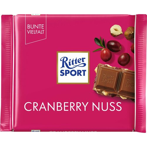 Шоколад молочный RITTER SPORT с кусочками клюквы и орехами 100г