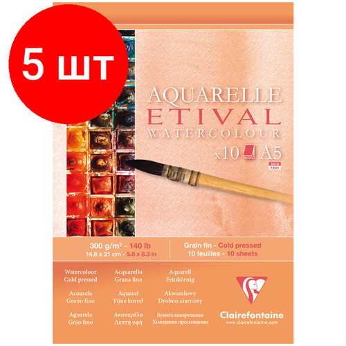 Комплект 5 шт, Альбом для акварели, 10л, А5, на склейке Clairefontaine Etival, 300г/м2, холодное прессование комплект 7 шт альбом для акварели 10л а5 на склейке clairefontaine etival 300г м2 холодное прессование