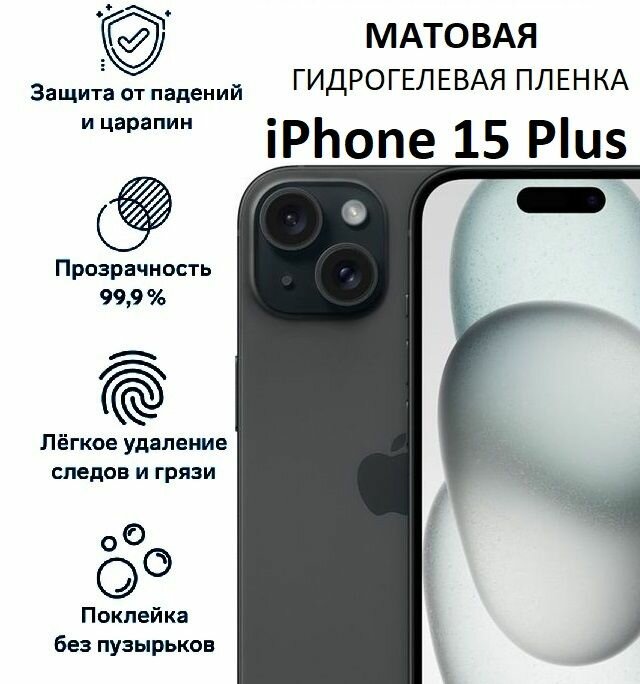 Матовая гидрогелевая защитная пленка для iPhone 15 Plus, на экран