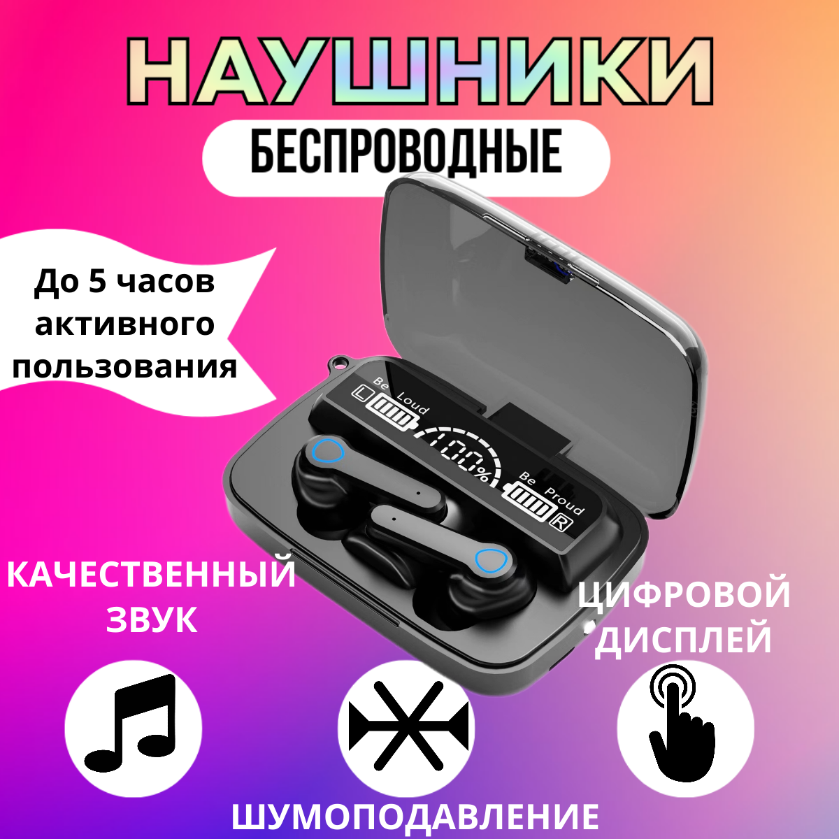 Беспроводные наушники ANC Bluetooth 5,1 с черным кейсом 1шт, вкладыши