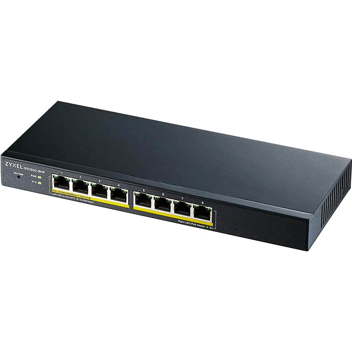 ZyXEL Коммутатор Zyxel GS1900-8HP Smart L2 PoE+ Switch  8xGE PoE+ Desktop Silent Budget PoE 70W