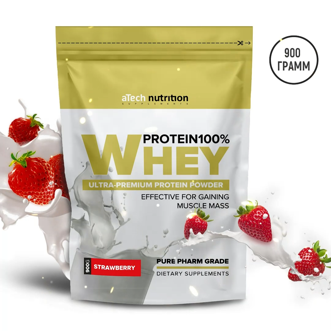 Специализированный пищевой продукт для питания спортсменов Вэй протеин 100% (Whey protein 100% ) пакет 0,9 кг со вкусом Клубника