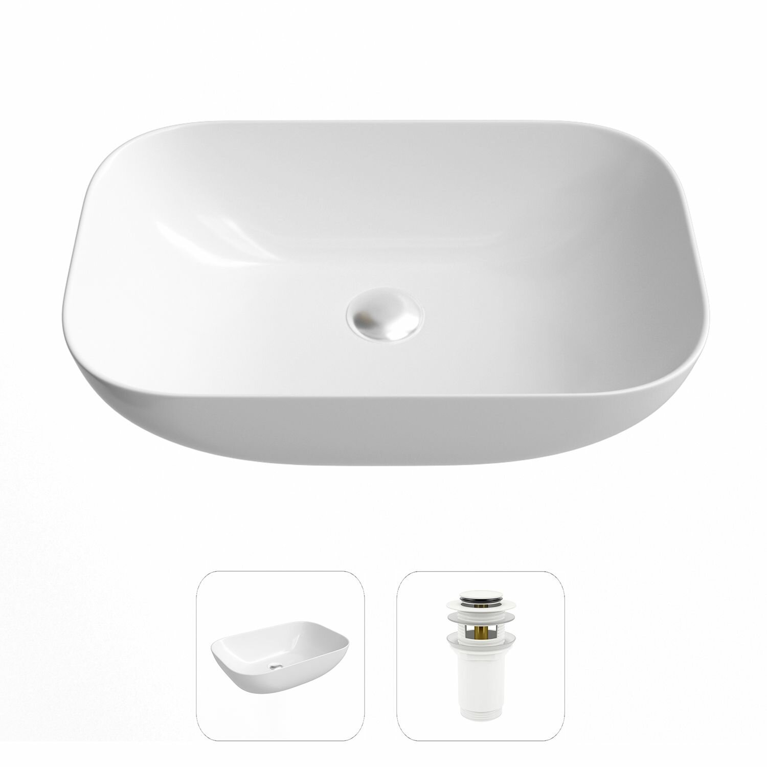 Накладная раковина в ванную Helmken 45450000 комплект 2 в 1: умывальник прямоугольный 50,5 см, донный клапан click-clack в цвете белый