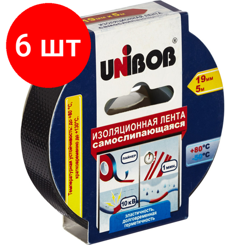 Комплект 6 штук, Клейкая лента электроизоляционная самослипающаяся Unibob 19мм х 5м, черный