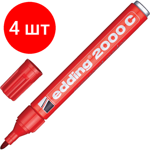 Комплект 4 штук, Маркер перманентный EDDING E-2000C/2 красный 1.5-3мм металл. корп. офисмаг маркер перманентный красный 2 5 4 мм 151199 12 шт красный