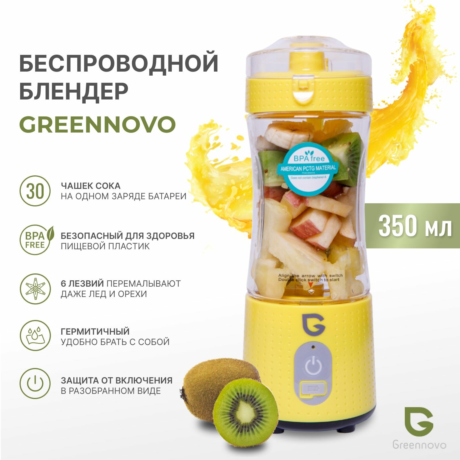 Портативный беспроводной блендер белый GREENNOVO для смузи коктейлей спортивного питания льда орехов / измельчитель