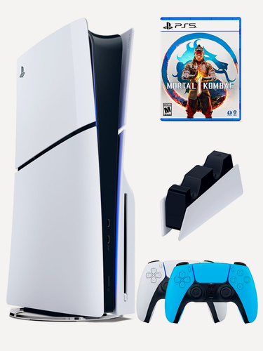 Изображение товара PS5 (ПС5) Игровая приставка Sony PlayStation 5 Slim disc + 2-й геймпад(голубой) + зарядное + игра Mortal Kombat
