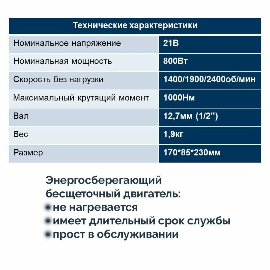 Изображение Гайковерт аккумуляторный ROSSVIK, 1/2, 1000Nm, 1 АКБ