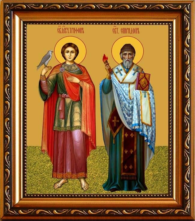 Спиридон Тримифунтский и Трифон Апамейский. Икона на холсте. (15 х 18 см / В раме)