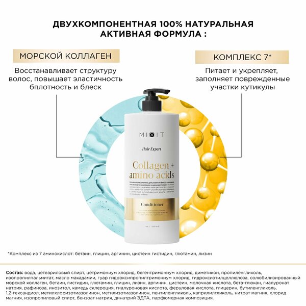 Увлажняющий бальзам ополаскиватель для волос MIXIT Hair Expert Conditioner Collagen & Amino Acids, 1000 мл