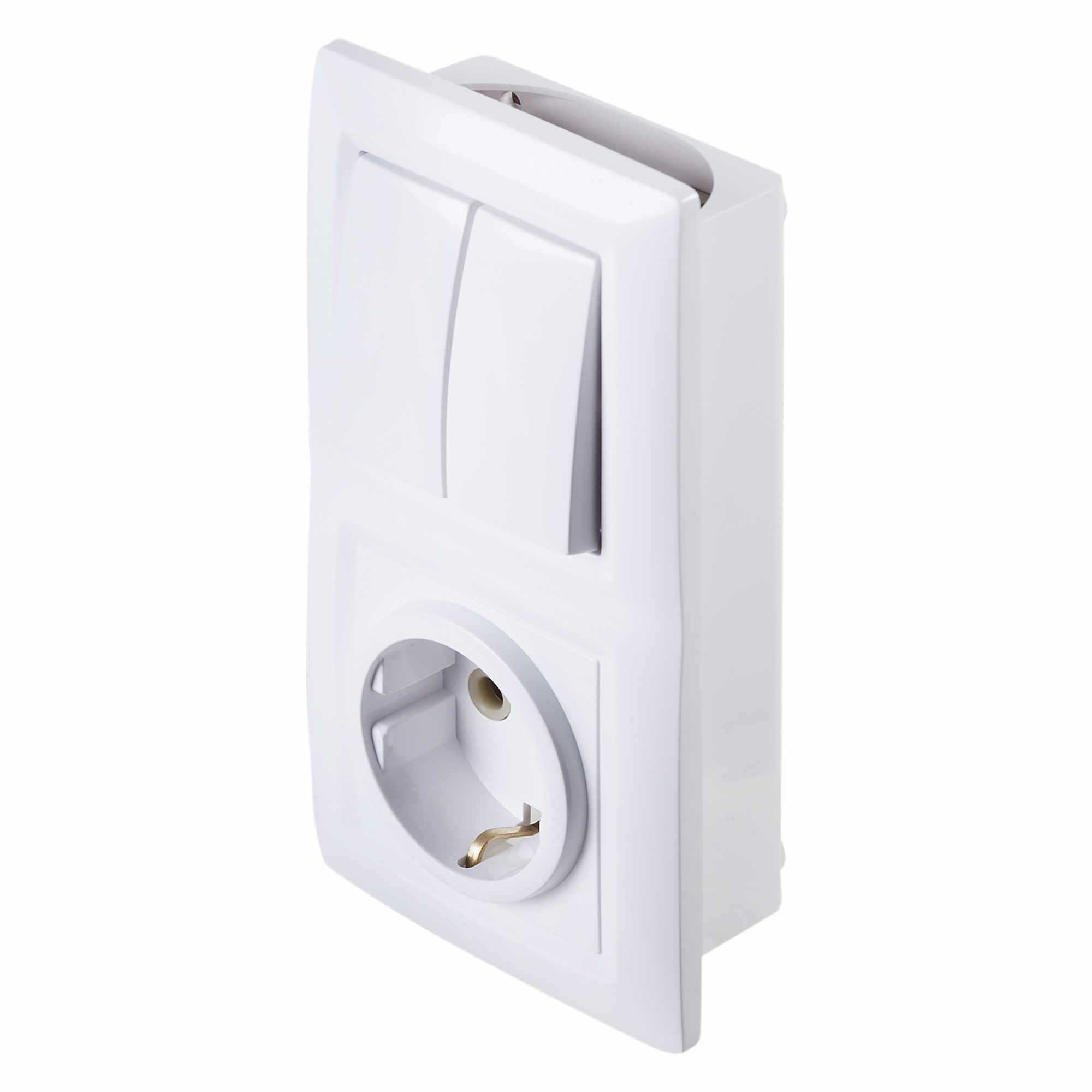 Блок выключатель с розеткой встраиваемый Reone 2 клавиши с заземлением цвет белый - фото №2