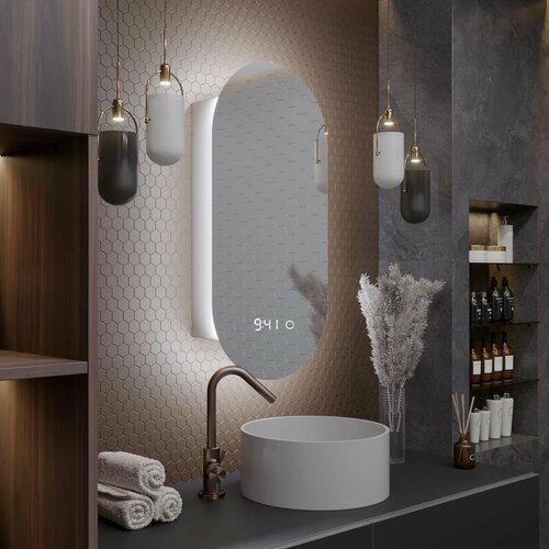 Зеркало-шкаф Олимпия 100*55 с холодной LED-подсветкой, левый, с часами.