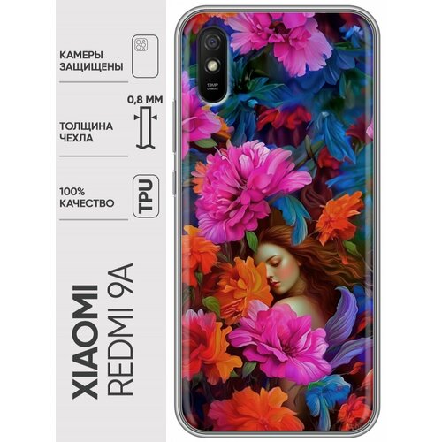 Дизайнерский силиконовый чехол для Редми 9А / Xiaomi RedMi 9A Девушка и цветы