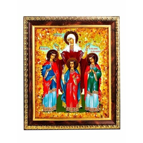 Украшенная натуральным янтарём икона Святые великомученицы Вера, Надежда, Любовь и мать их София