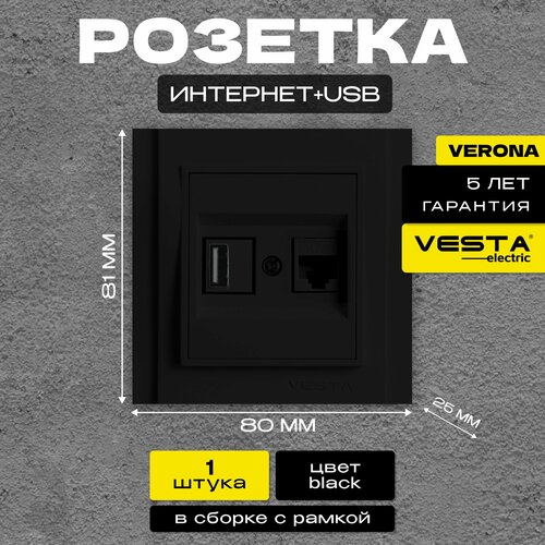Розетка для USB + сетевого кабеля LAN черная Vesta-Electric Verona Black